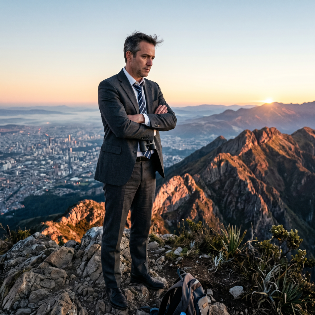 Professional standing on a mountain summit reflecting on success and fulfillment, representing the achievement-fulfillment gap experienced by high achievers.