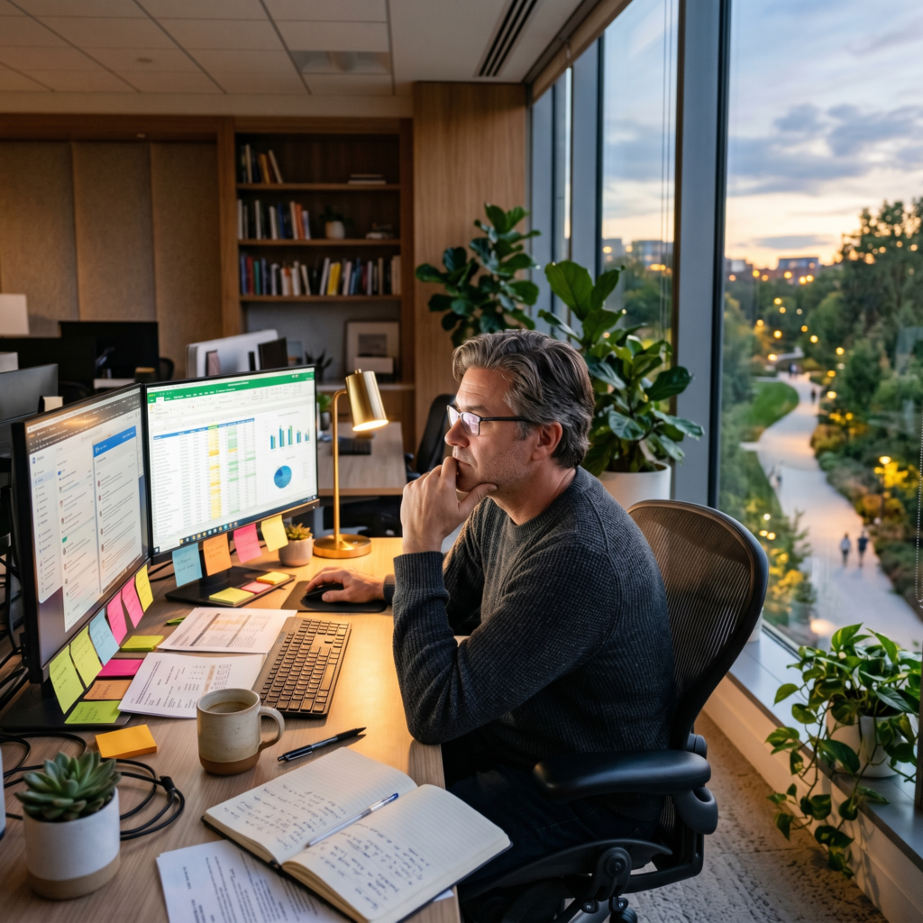 Middle-aged professional experiencing cognitive overload and mental exhaustion while seeking balance and sustainable success.