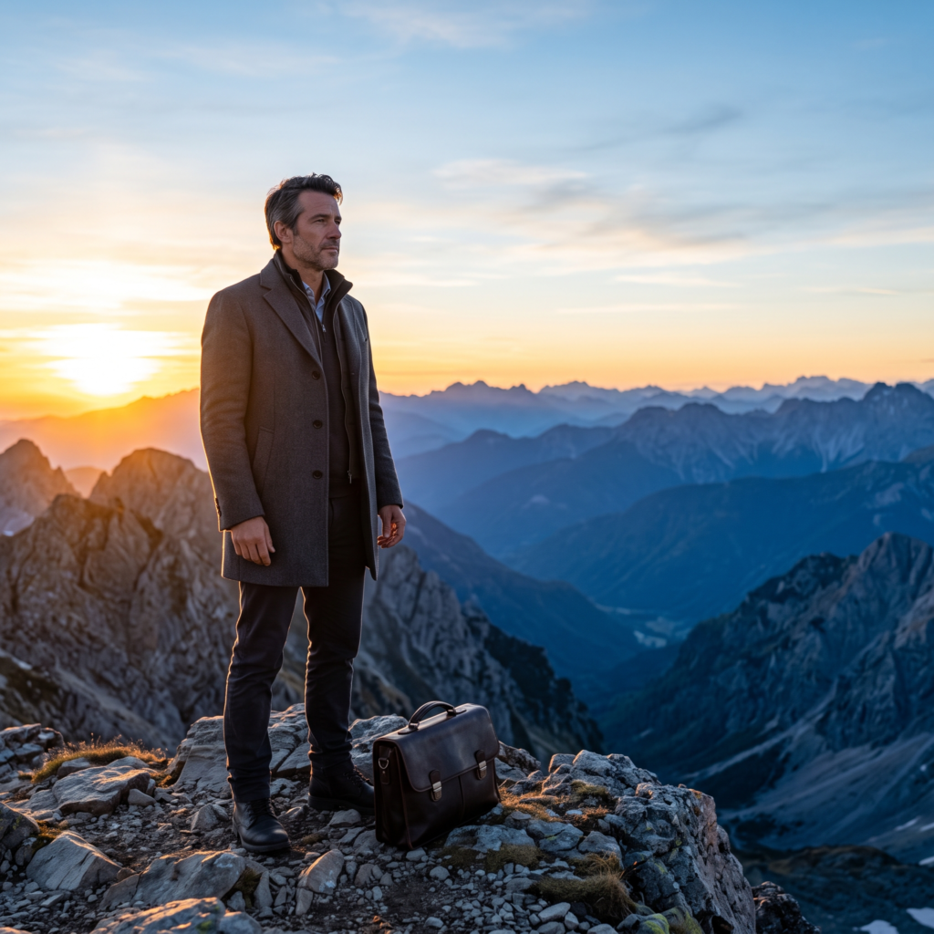 Successful professional standing alone on a mountain summit after achieving a major goal, reflecting on the emotional emptiness that can follow success.