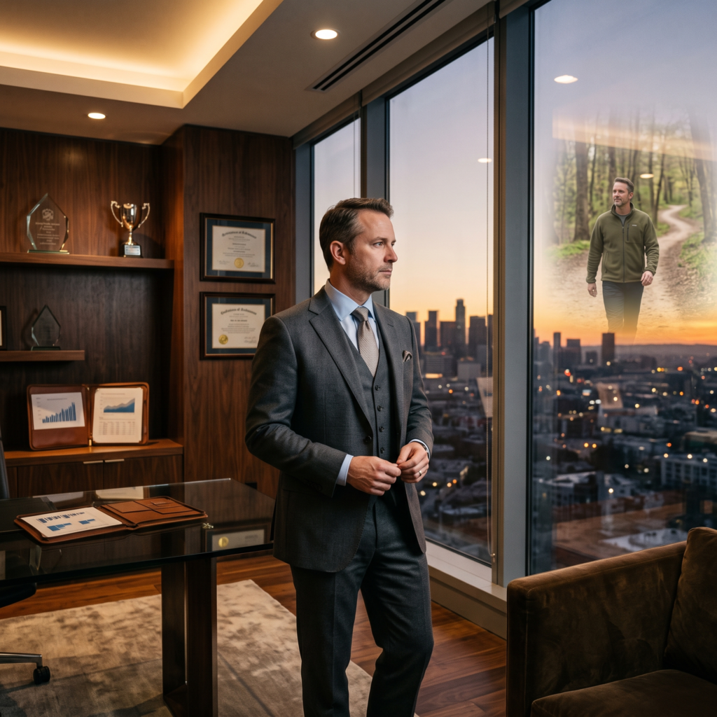 A successful professional in a modern office reflecting on the emotional cost of achievement while looking beyond career success toward a more meaningful and balanced life.