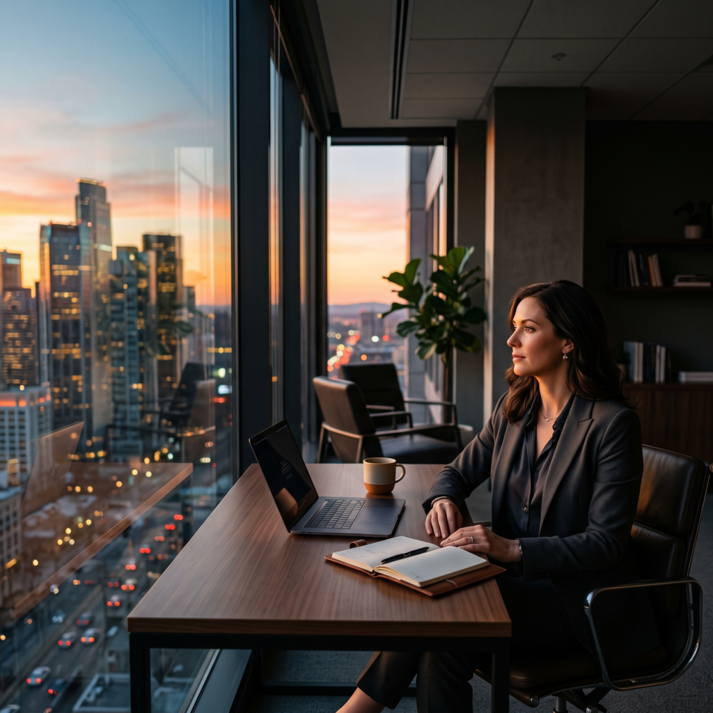 A successful professional sitting quietly in an office after work, reflecting on emotional overwhelm and the hidden pressures of achievement.