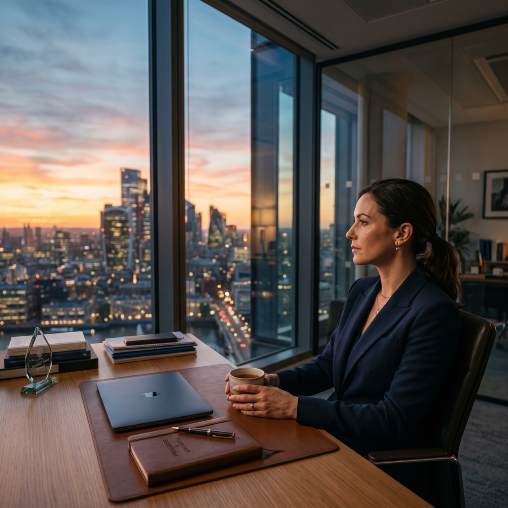 Successful professional reflecting quietly after work, illustrating the emotional challenge of resting without guilt and finding balance between ambition and well-being.
