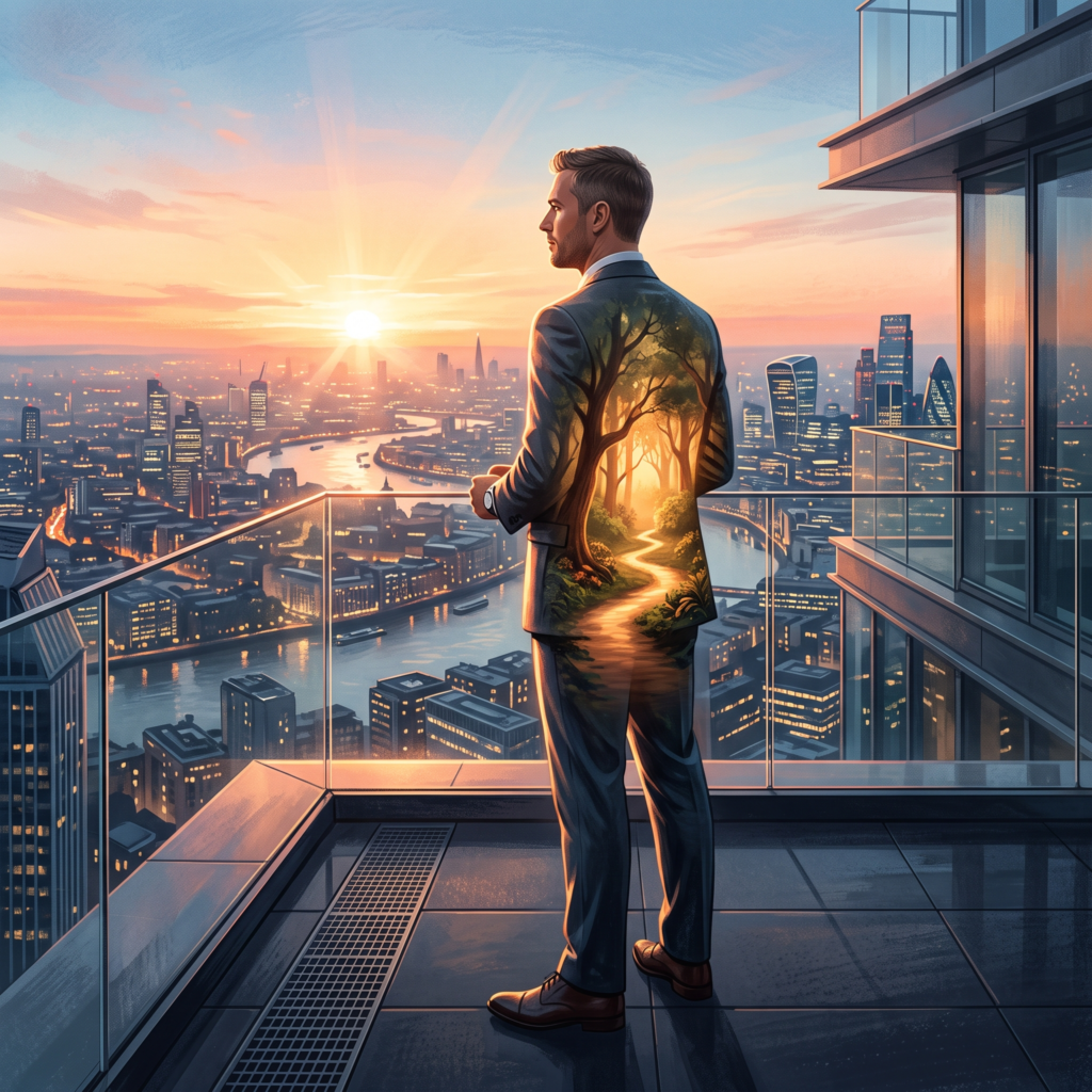 A successful professional overlooking a city skyline while a glowing inner landscape symbolizes reconnecting with purpose, emotional well-being, and inner peace.