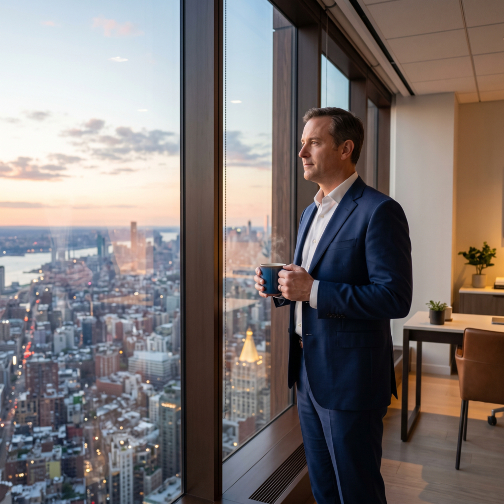 Successful professional reflecting by an office window, symbolizing emotional resilience, stress recovery, and sustainable well-being for high achievers.