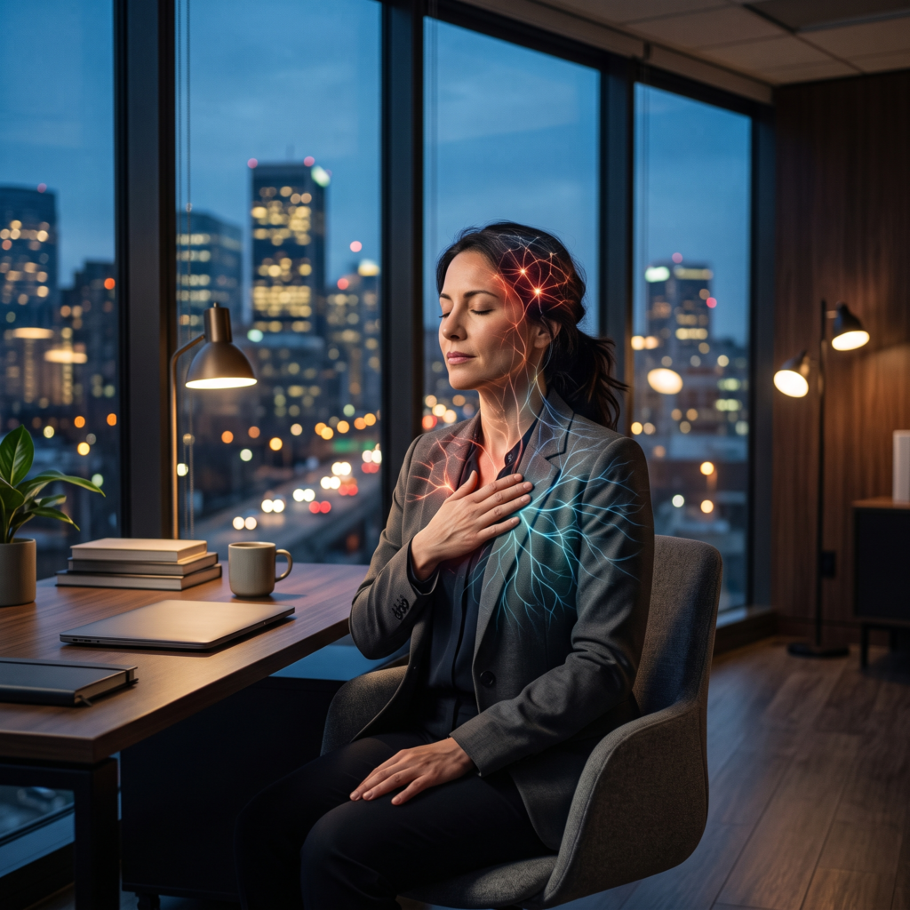 A successful professional pauses for mindful breathing in a quiet office, symbolizing nervous system regulation, recovery from chronic stress, and sustainable well-being.