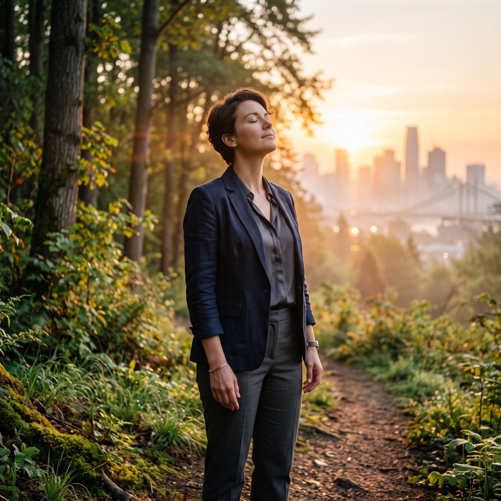 Successful professional practising nervous system recovery in nature to overcome chronic stress and build sustainable well-being.