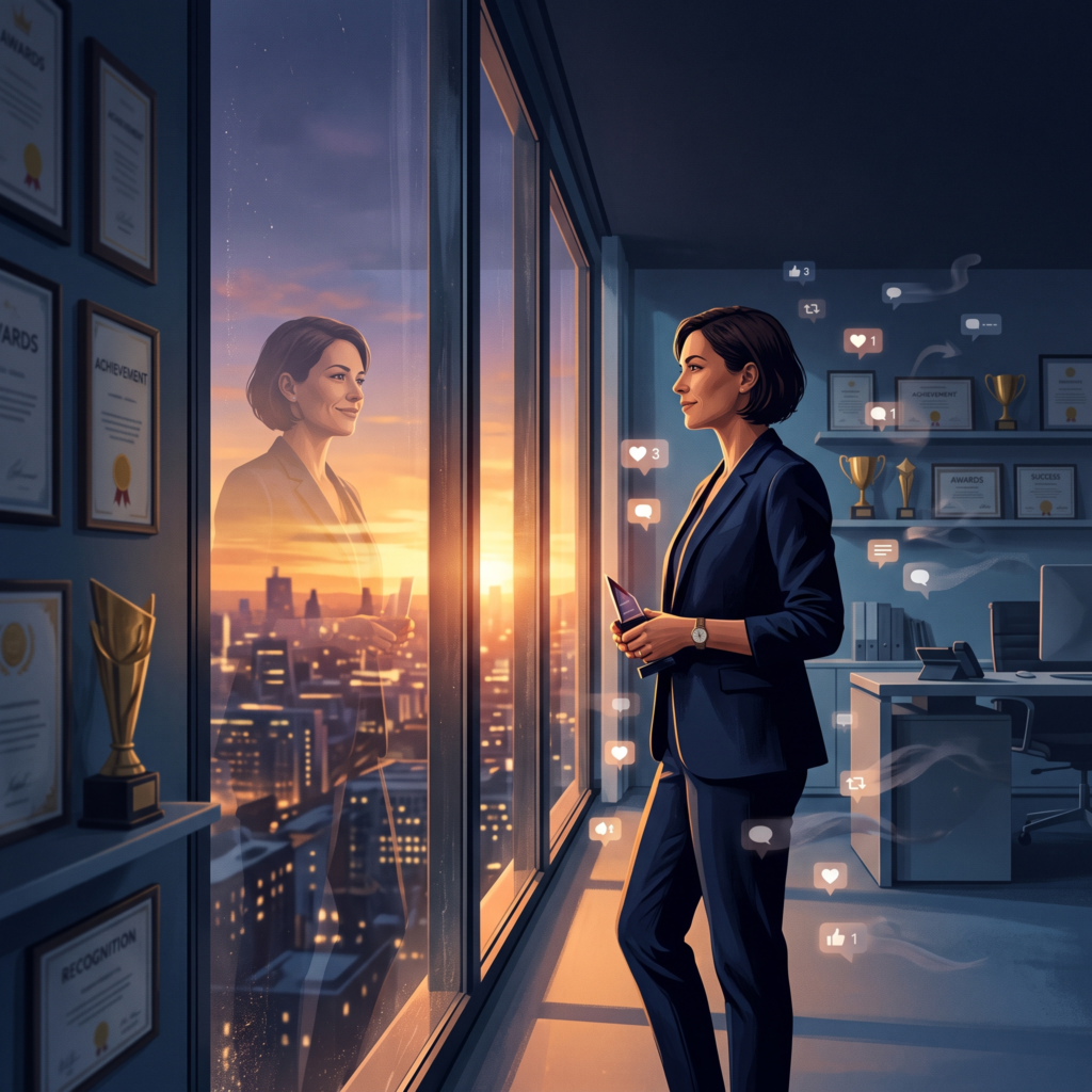 Successful professional reflecting on overcoming external validation and building authentic self-worth.
