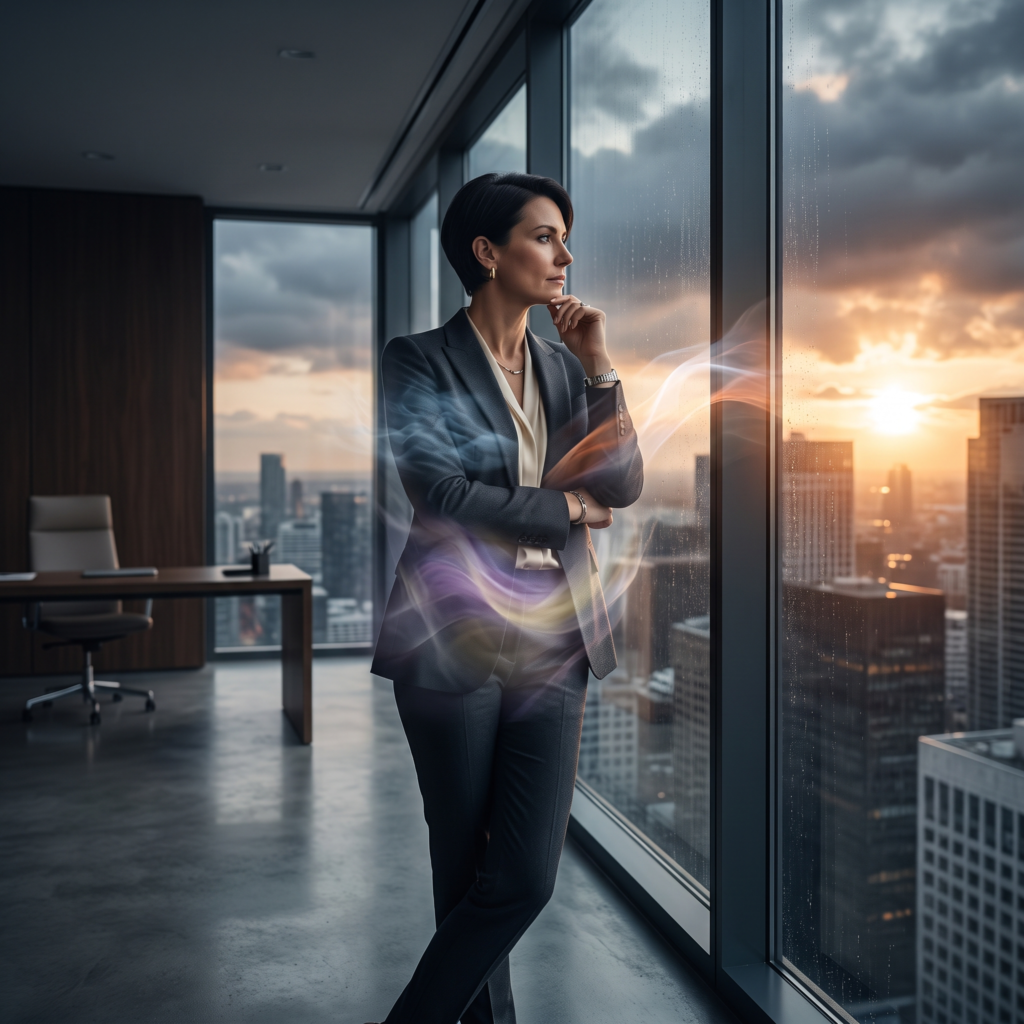 A successful professional overlooking a city skyline while hidden emotions symbolically emerge beneath a composed exterior, illustrating emotional suppression and sustainable success.