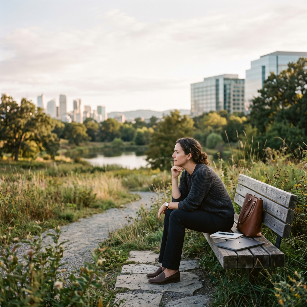 High-achieving professional pausing in nature to reflect and reconnect with personal well-being