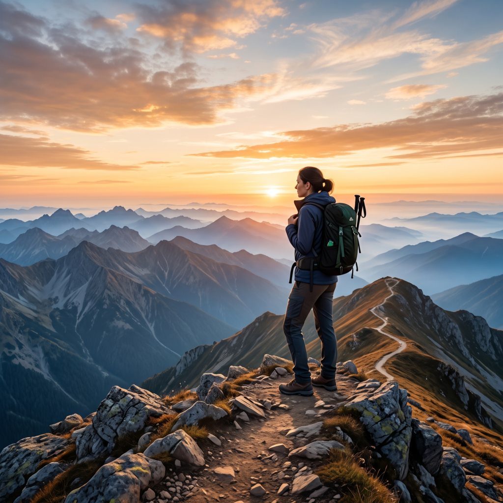 Successful professional standing on a mountain summit reflecting on the emotional emptiness that can follow achieving major life goals.
