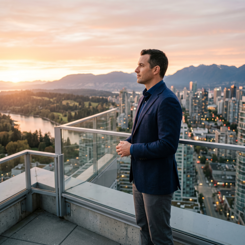 Successful professional reflecting on the achievement–fulfillment gap while overlooking a city skyline at sunrise, symbolizing the journey toward inner alignment.
