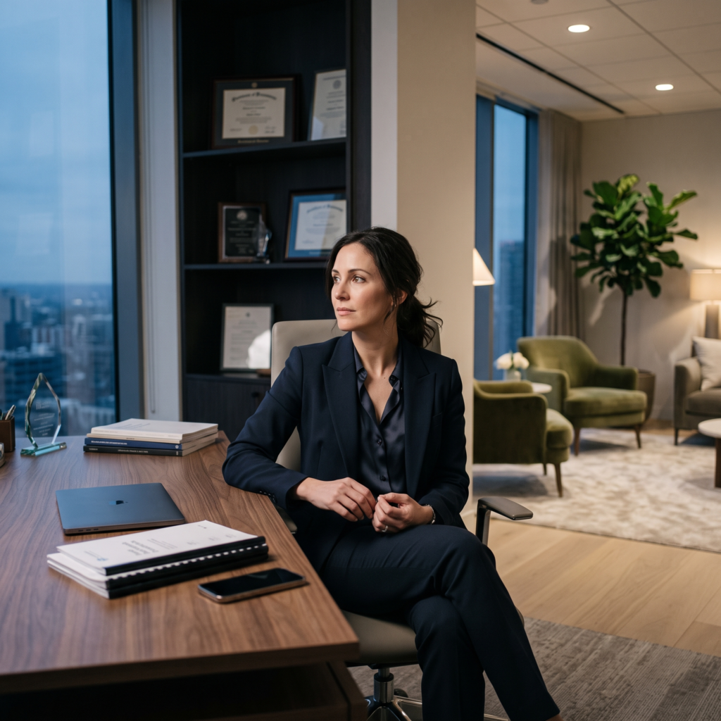 Successful professional reflecting on identity beyond achievement in an office