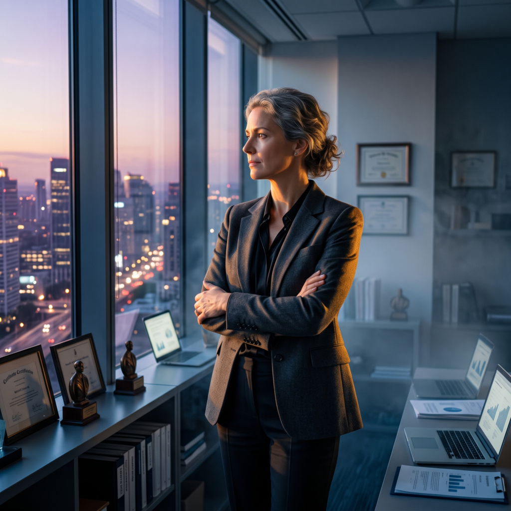Successful executive standing in a modern office reflecting on burnout and the emotional cost of high-performance careers.